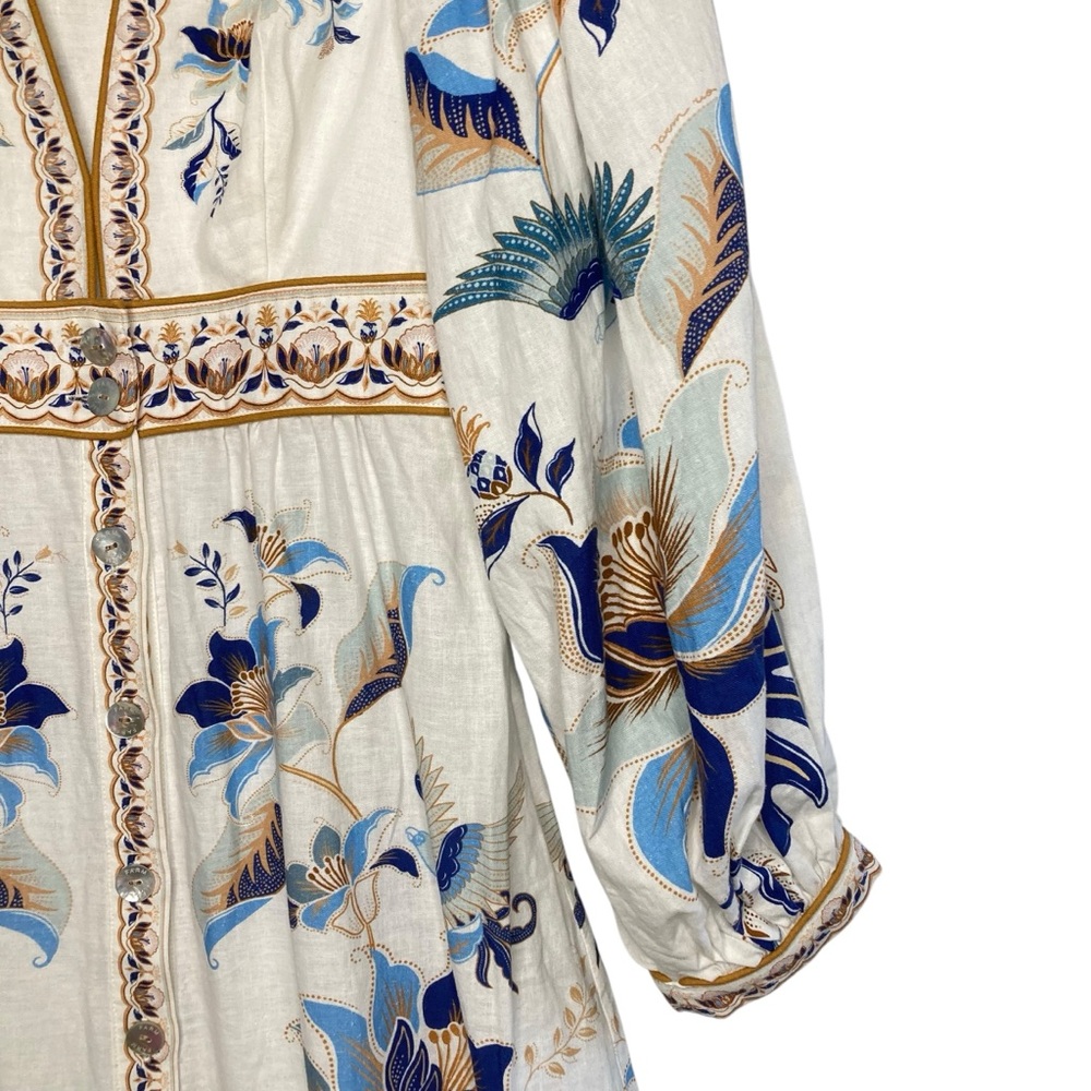 Farm Rio Mystic Blue Lotus Placed Print Long Sleeve Linen Blend Maxi Dress S - Picture 5 of 10